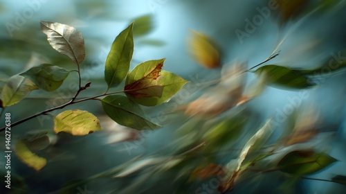 Leaves with yellowing and green tints on twig