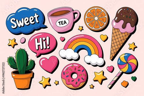 Playful stickers feature cactus, rainbow, sweets, and tea against a pastel background