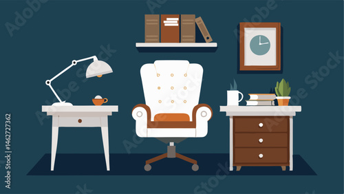 A study featuring a mixture of rustic and modern elements including a modern white desk and a vintage leather armchair.