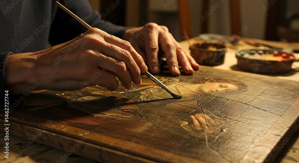 Obraz premium Restoring artwork requires expertise and a steady hand to complete