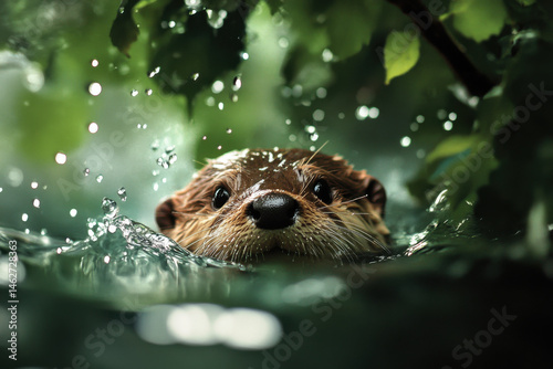 European otter swimming and emerging from water with splashing drops