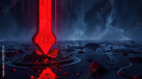 A cyberpunk depiction of a cryptocurrency's potential demise.  A glowing, red sword-like object pierces a digital coin, dripping dark liquid onto a rocky, reflective surface, symbolizing a fall