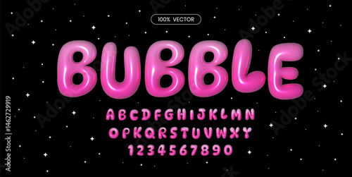 Glossy pink gradient bubble font. Inflated alphabet 3D y2k style colorful  ballon letters and numbers. Vector set