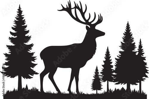 Black silhouette of a deer among evergreen trees