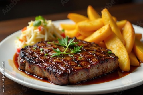 Sizzling steak, golden wedges, crisp slaw, vibrant dressing, gastronomy, side