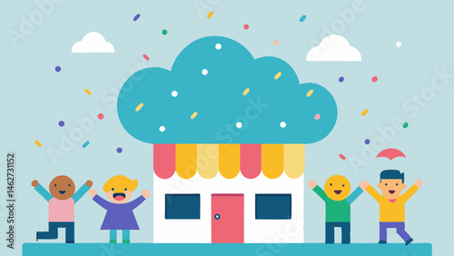 Joyful Celebration Scene A large stylized cloud showers sparkly discount dots over a group of jubilant shoppers gathered outside a shop depicting a festive and celebratory