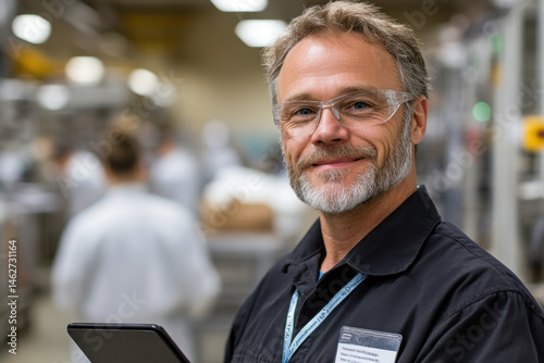 Smiling supervisor holding tablet and supervising production line in food processing plant