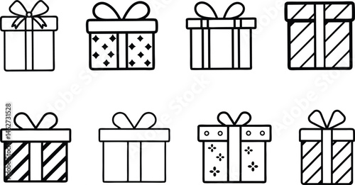 Gift box icon, Gift wrapping symbol, Surprising present box signs vector illustration