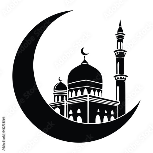 a mosque and a crescent moon in black