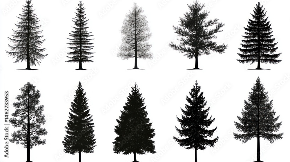 Ten diverse conifer tree silhouettes black and white vector illustrations Ten diverse conifer tree silhouettes black and white vector illustrations
