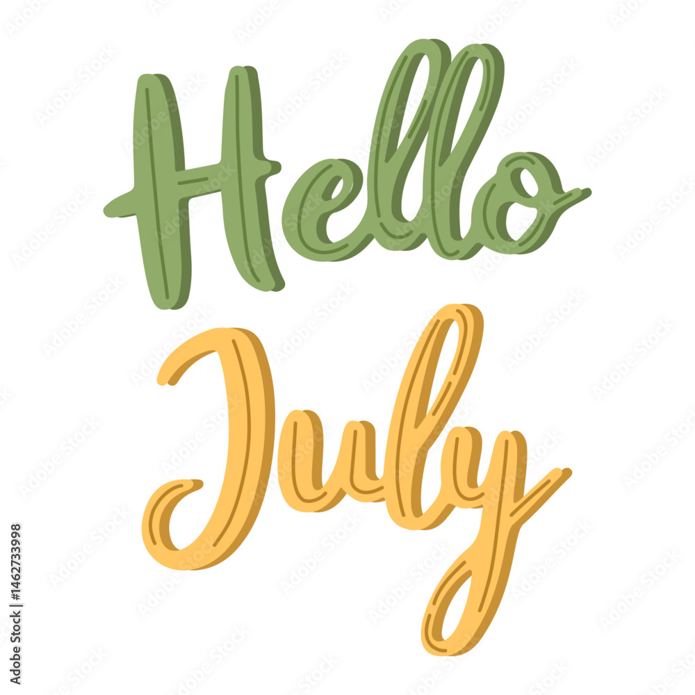 Hello July hand lettering illustration with playful colorful script typography, perfect for summer greeting cards, seasonal banners, planners, calendars. Hello July hand lettering illustration with playful colorful script typography, perfect for summer greeting cards, seasonal banners, planners, calendars.