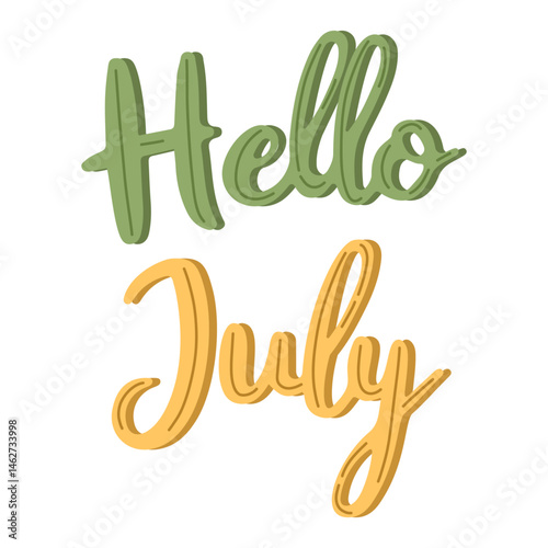 Hello July hand lettering illustration with playful colorful script typography, perfect for summer greeting cards, seasonal banners, planners, calendars.