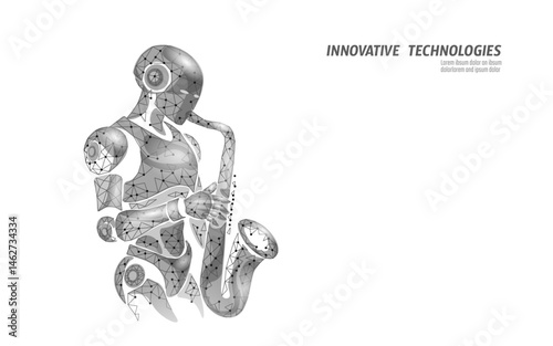 Robot plays saxophone low poly art. Futuristic android music innovation technology. Automation AI audio model entertainment performance. White background triangle mesh digital design