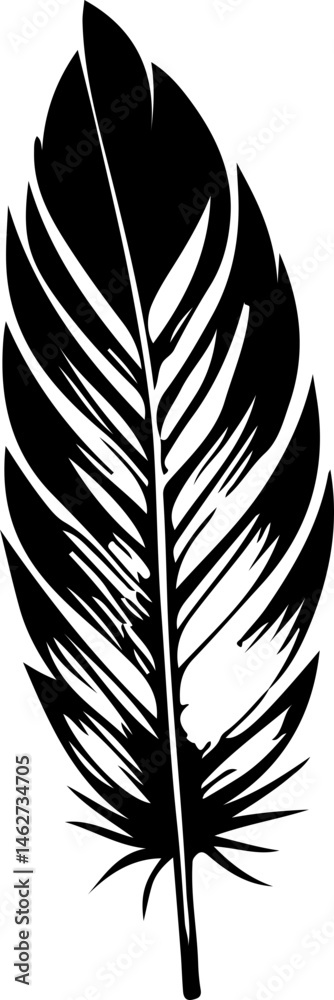 Obraz premium Black feather icon with an irregular form and distinct segments rendered as a clean monochrome vector shape. 