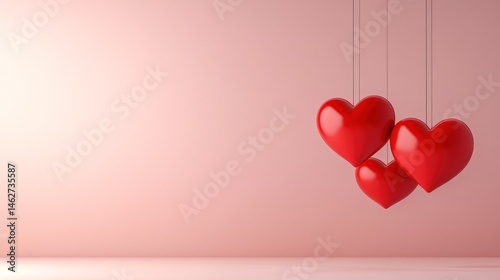 Three hanging red hearts on pink background minimalist romance design