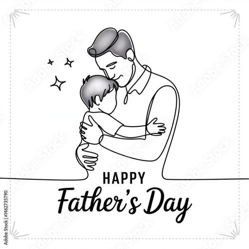 Happy fathers day. Parent with child in continuous one line drawing artistic style. Father's day card. Dad hugs his child. Happy fatherhood concept.  vector illustration isolated with a white