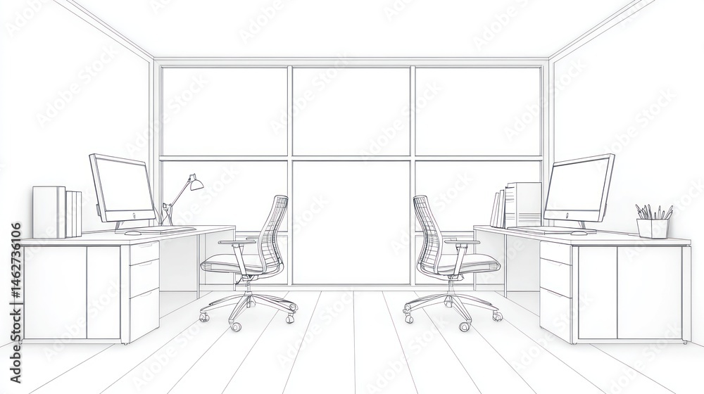 Modern office workspace wireframe illustration two workstations minimalist design interior Modern office workspace wireframe illustration two workstations minimalist design interior