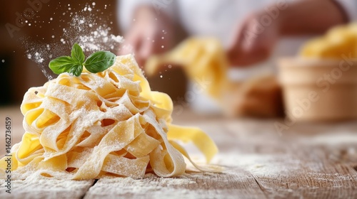 An artistic display of freshly made pasta with herbs, representing the rich flavors and tradition of Italian cuisine in an inviting cooking atmosphere.