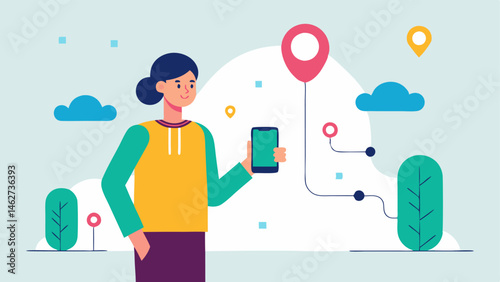 Navigation Help A person stands outside with a phone in hand and a voice assistant displayed on the screen. A route map shows instructions based on their voice query.