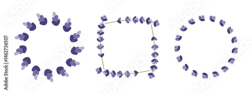 Delicate vector set of lavender wreaths, including round and square frames. Perfect for romantic, nature or spa themed designs, wedding invitations, cosmetic packaging and minimalist botanical decor