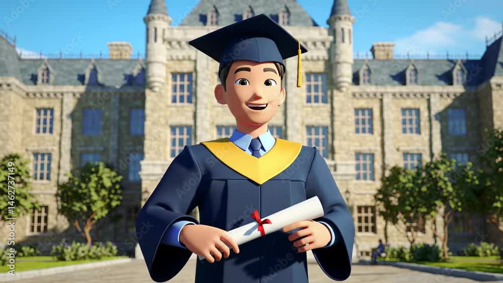 Young man in graduation gown holding diploma in front of university building. concept of academic achievement, celebration of success, higher education milestone, new beginnings, student
