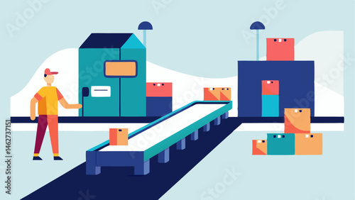 Factory Scene The illustration shows a spacious factory floor with large machines and equipment in the background. In the foreground a figure in athletic wear is jogging on a wide