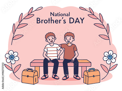 brothers day, national brothers day, two brothers sitting on bench, floral wreath, vector art, flat style, minimalist, modern
