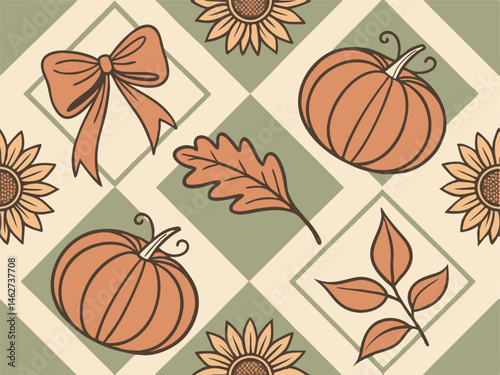 pumpkin, bow, sunflower, autumn leaves, retro, vintage, cozy, warm colors, soft, hand-drawn, botanical, floral, minimalist, repeating pattern
