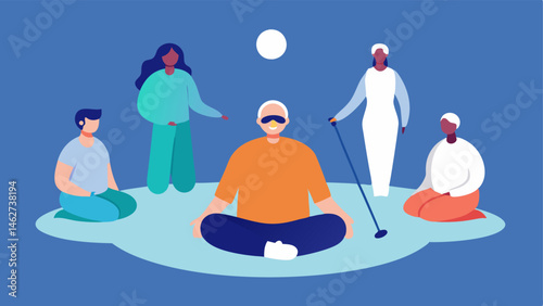 Meditation Circle A circle of individuals meditating together showcasing different abilities such as a person using a cane a blind individual with a guide dog and someone seated on