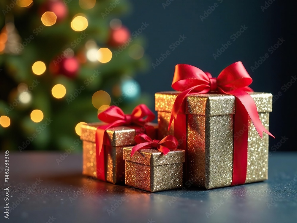 Sparkling gift boxes, satin bows, Christmas tree, colorful, merry, green Sparkling gift boxes, satin bows, Christmas tree, colorful, merry, green