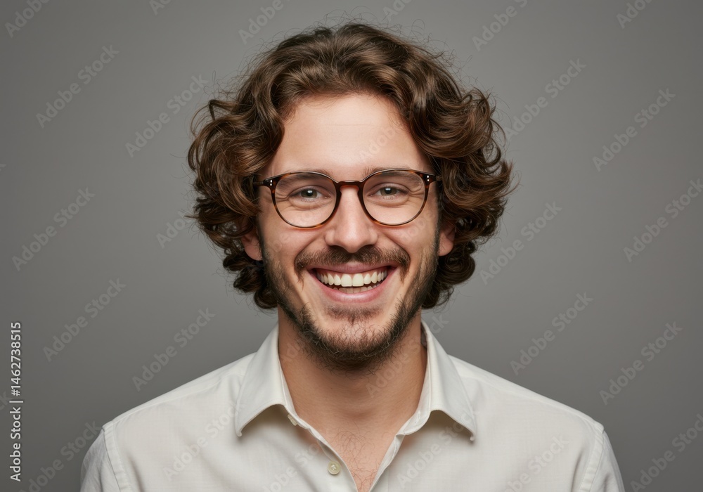 Portrait of a smiling man with curly hair and wearing eyeglasses isolated on white background Portrait of a smiling man with curly hair and wearing eyeglasses isolated on white background