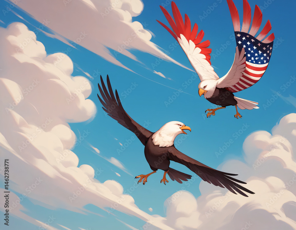 Fototapeta premium Eagle soaring with sky and clouds background