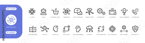 20 ai agent technology outline icons vector set collection for interface, chatbot, automation, data, robot, security, browsing, automate cart, cloud ai
