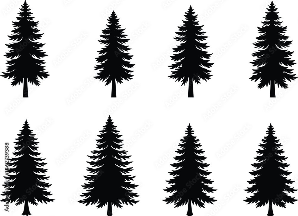 Fototapeta premium Set of pine tree silhouette vector bundle isolated on white background