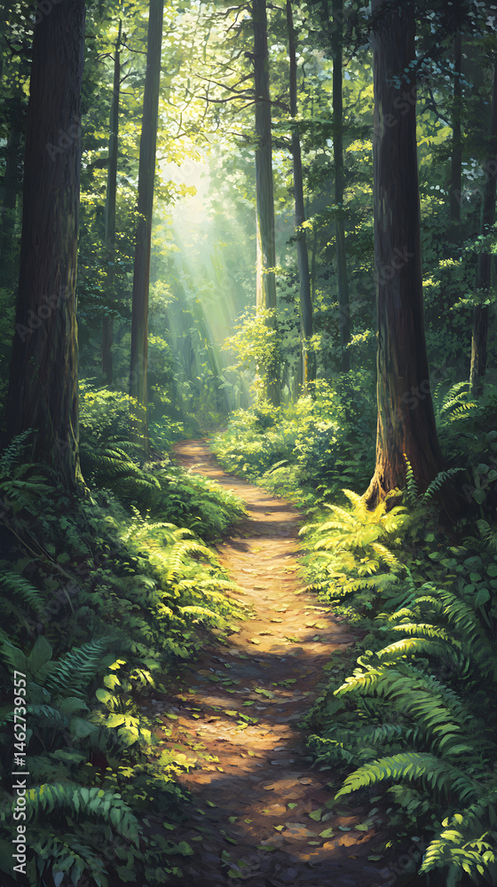Naklejka premium Tranquil Woodland Pathway: A Journey Through Nature's Serene Beauty Illuminated by Sunlit Leaves