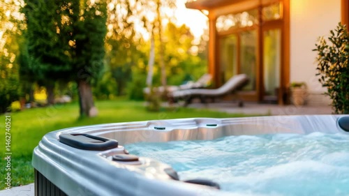Relaxing hot tub with bubbles in a tranquil garden setting during sunset.