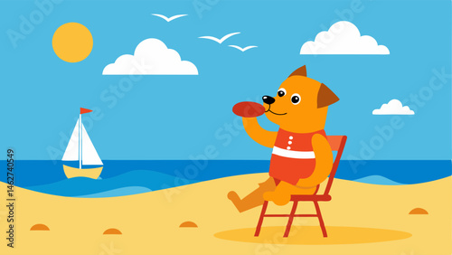 Lifeguard Training A cartoonstyle illustration of a puppy in a lifeguard outfit playfully trying to blow into a whistle while perched on a lifeguard chair. Beside it a beach scene