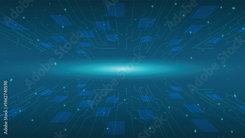 Futuristic digital background featuring circuit board lines glowing effects and a bright central light ideal for tech and innovation related themes