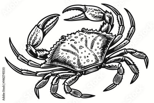 57 Detailed black and white illustration, crab anatomy, scientific drawing, top view, crustacean, marine biology, fine line art, textured shell, symmetrical, realistic claws, segmented legs, high cont