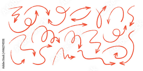 Red pencil arrow doodles set - hand drawn swirls, curved lines, chaotic pointers. Chalk sketches, artistic design elements pack. Grunge style marker scribbles, crayon strokes outline drawings.