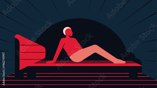 FullBody Relaxation A person comfortably reclines on a contoured bench inside the sauna with infrared rays visually represented as soft beams enveloping their body.