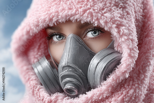 Blue-eyed woman in pink fluffy hood wearing protective respirator