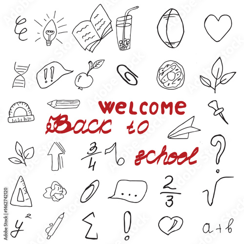 Back to School Doodle Set Hand Drawn Vector Icons and Lettering