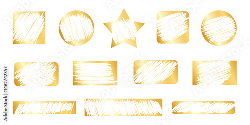 Scratch card lottery on golden badges vector clipart - dry brush scuff paint strokes texture. Smudges blotches streaky rugged charcoal look. Messy grungy ragged ink splats collection.