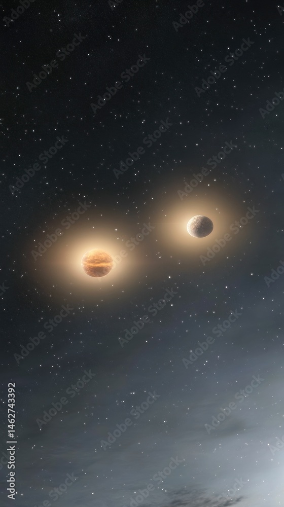 Naklejka premium Two planets, starry night sky, celestial glow.