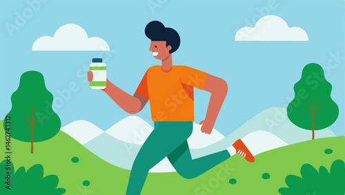 Healthy lifestyle An illustration of a biohacker jogging in a natural park while holding a small supplement bottle indicating an active lifestyle supported by supplements.