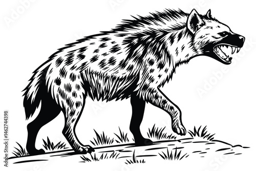 59 Hyena, detailed illustration, black and white, realistic, side view, full body, textured fur, sharp teeth, fierce expression, wildlife art, scientific drawing style, high contrast, etching techniqu