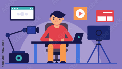 Online Content Creation An illustration of a content creator in a home studio with adaptive technology creating videos that share stories about living with a disability surrounded