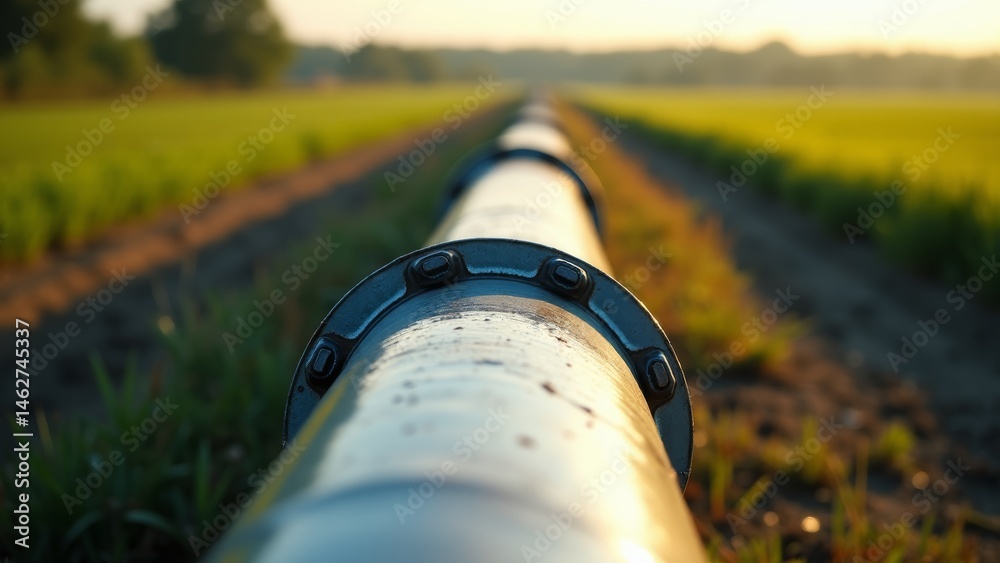 Fototapeta premium pipeline through agricultural field at sunset