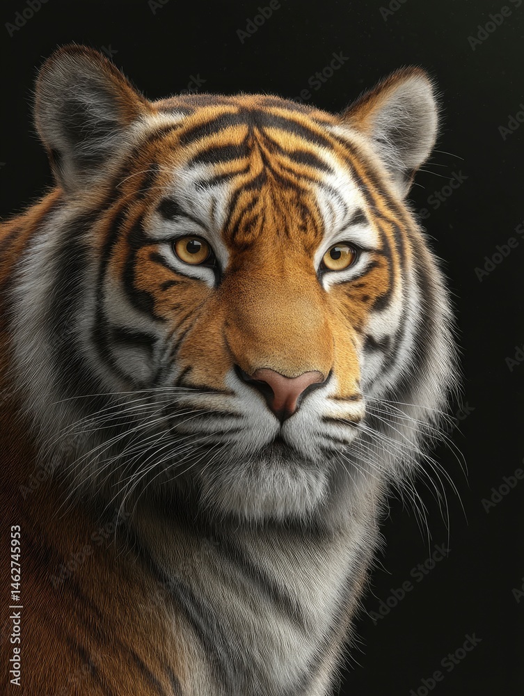 Fototapeta premium Majestic Tiger Portrait: Intense Gaze, Rich Fur, Dramatic Lighting